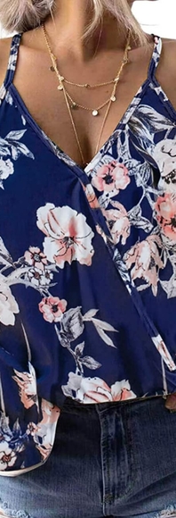 SOLD! Blue Floral V Neck Tank Top - Picture 2 of 3